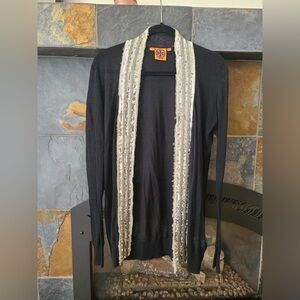 🔴Tory Burch Quincy Black Cotton Linen Duster Cardigan with Sequin Accents Size S